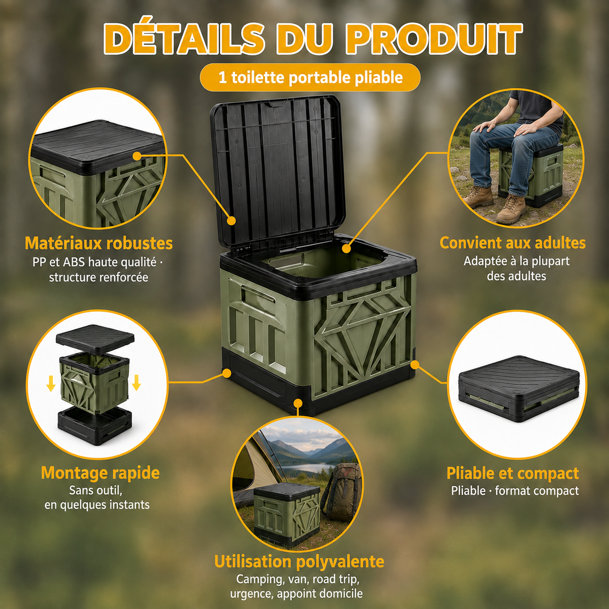 Détails des toilettes portables pliables Tentwave : matériaux, montage et confort