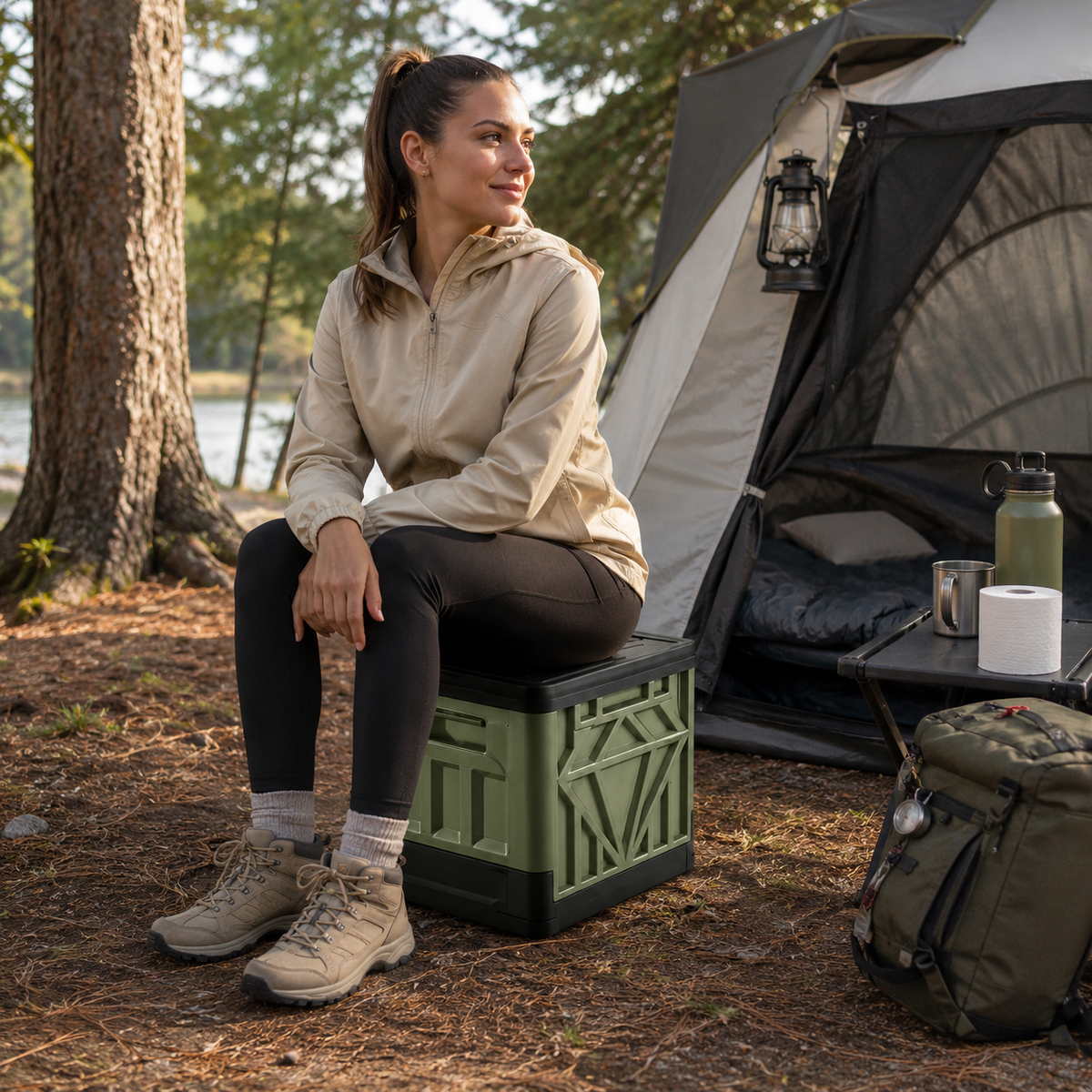 Femme assise sur les toilettes portables pliables Tentwave en camping