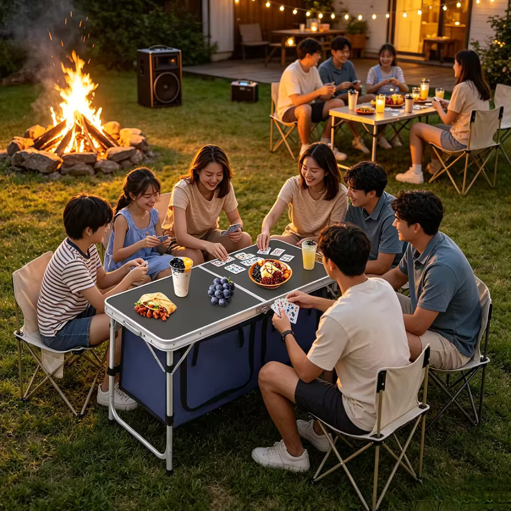 Famille autour de la table de camping pliable Tentwave près d'un feu de camp