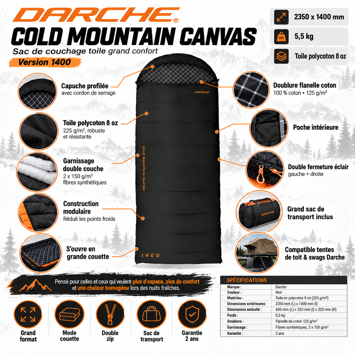 Sac de couchage Darche Cold Mountain Canvas -5 °C 1400 – vue 2