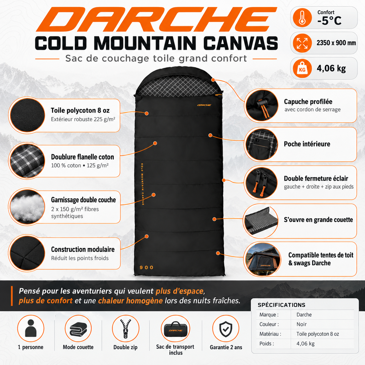 Sac de couchage Darche Cold Mountain Canvas -5 °C 900 – vue 2